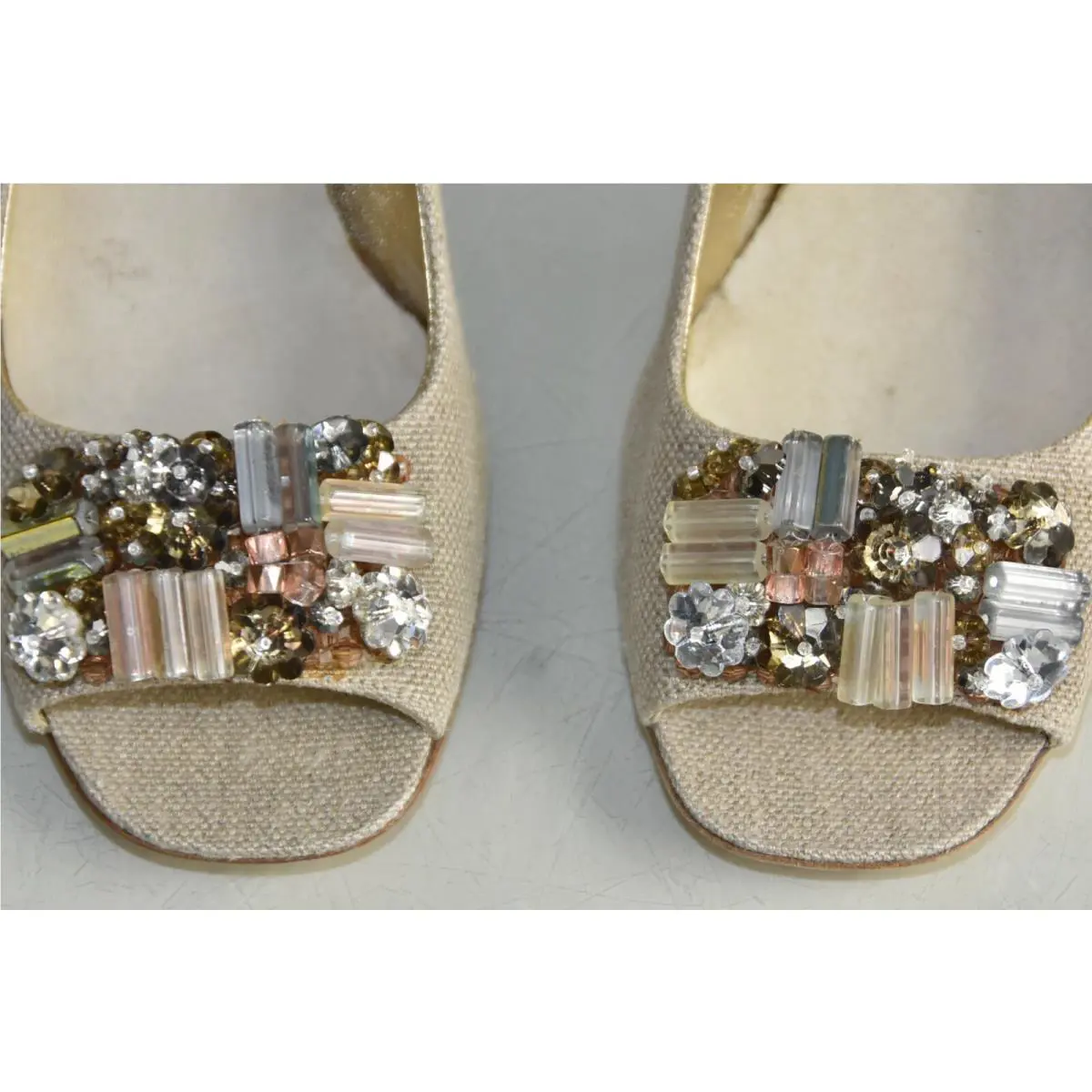 Prada Linen Peep Toe Pumps Heels Beige Grey Jeweled Shoes 37.5