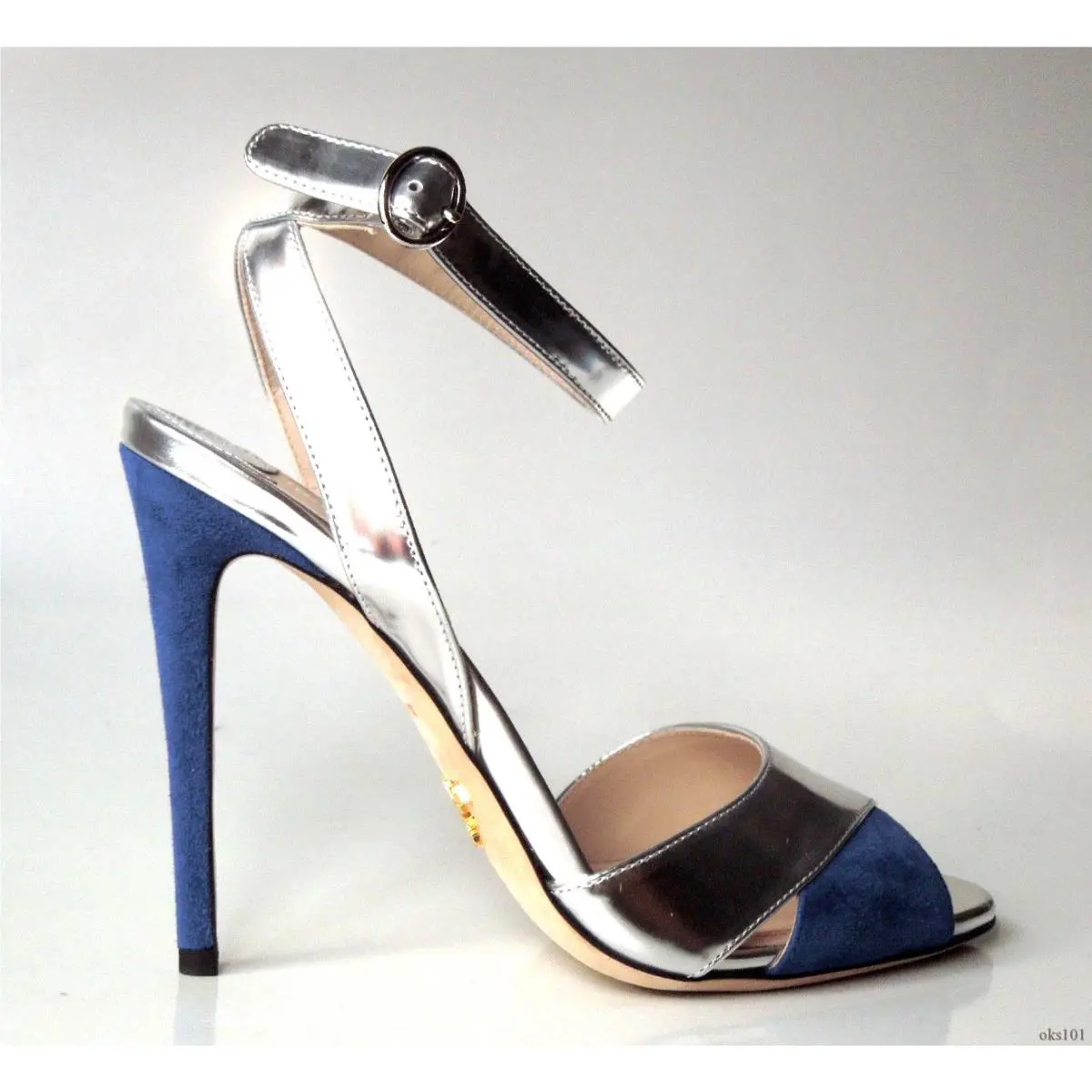 Prada Silver Navy Blue US 9 40 Open-toe Ankle Strap Shoes Bachata 2-tone