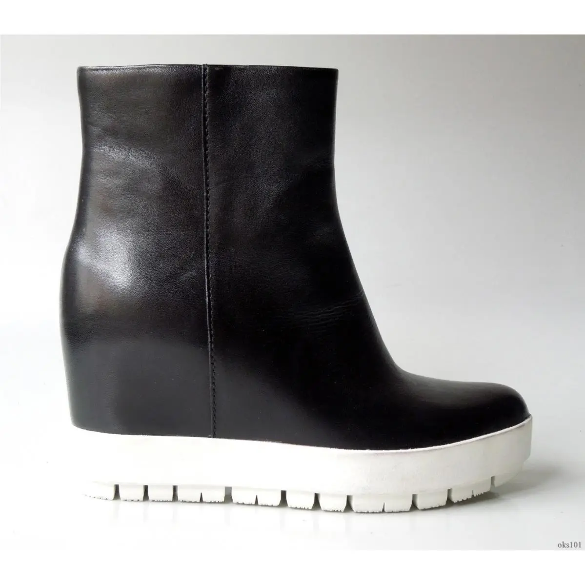 Prada Black Leather Platfrom Hidden Wedge Ankle Boots 5.5 35.5 Shoes `luna`