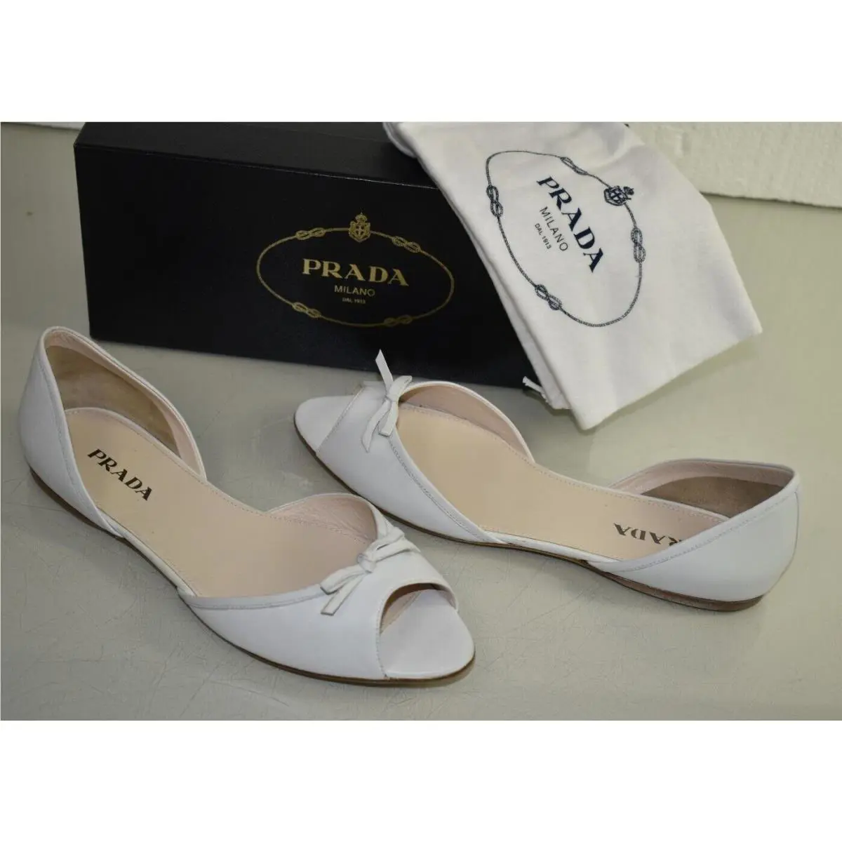Prada Peep Toe Leather Flats White Leather Bow Dorsay Flat Shoes 40