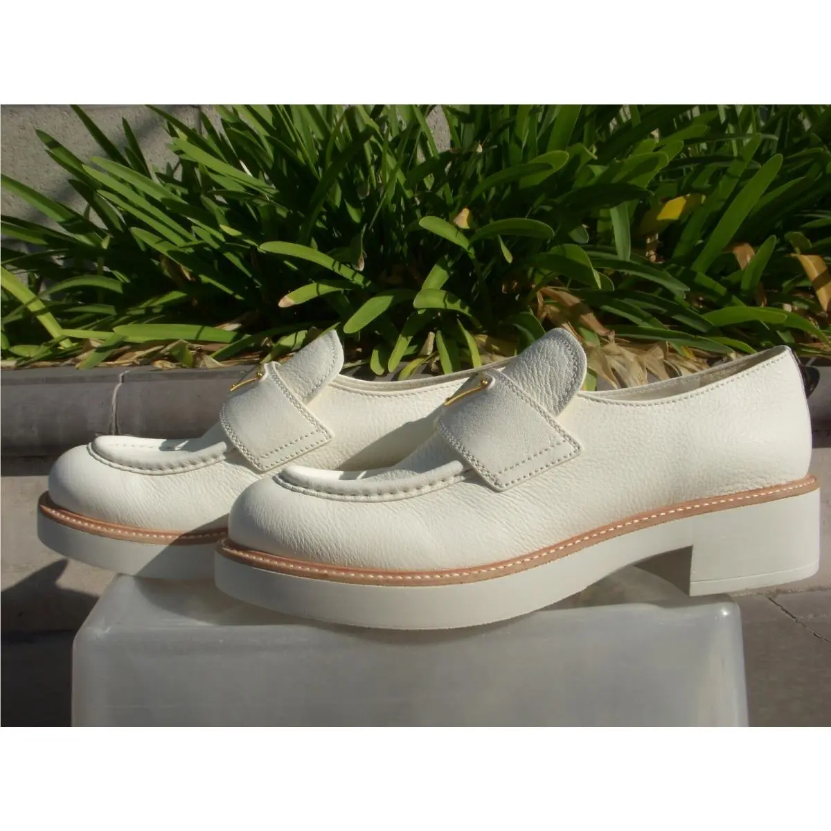 Triangle Logo Casual Leather Platform Loafer Women`s Color Avorio by Prada