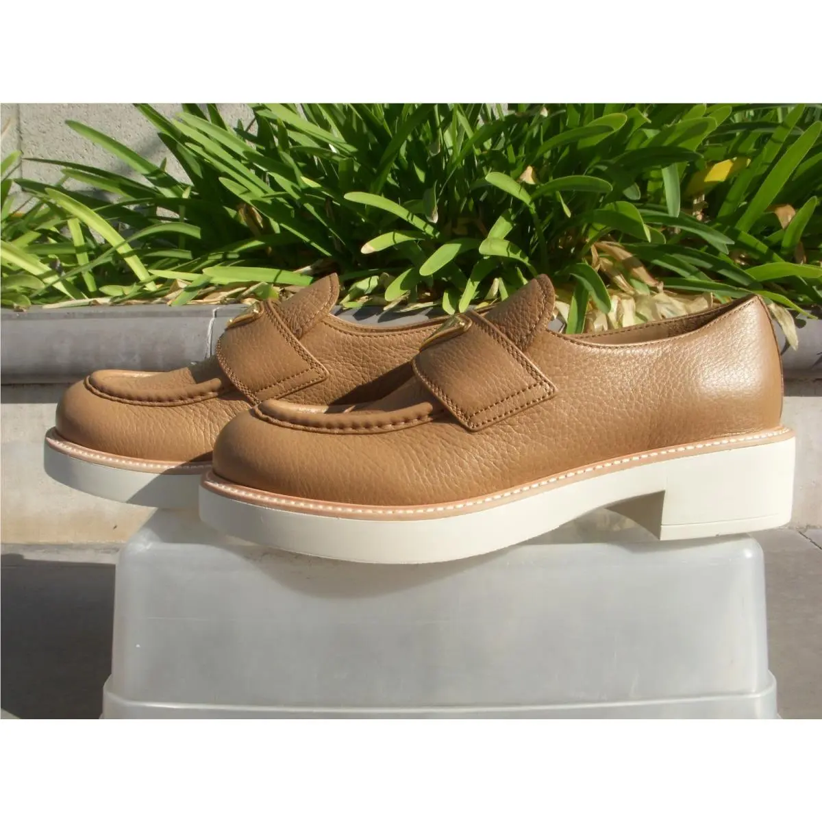 Triangle Logo Casual Leather Platform Loafer Women`s Color Caramel by Prada