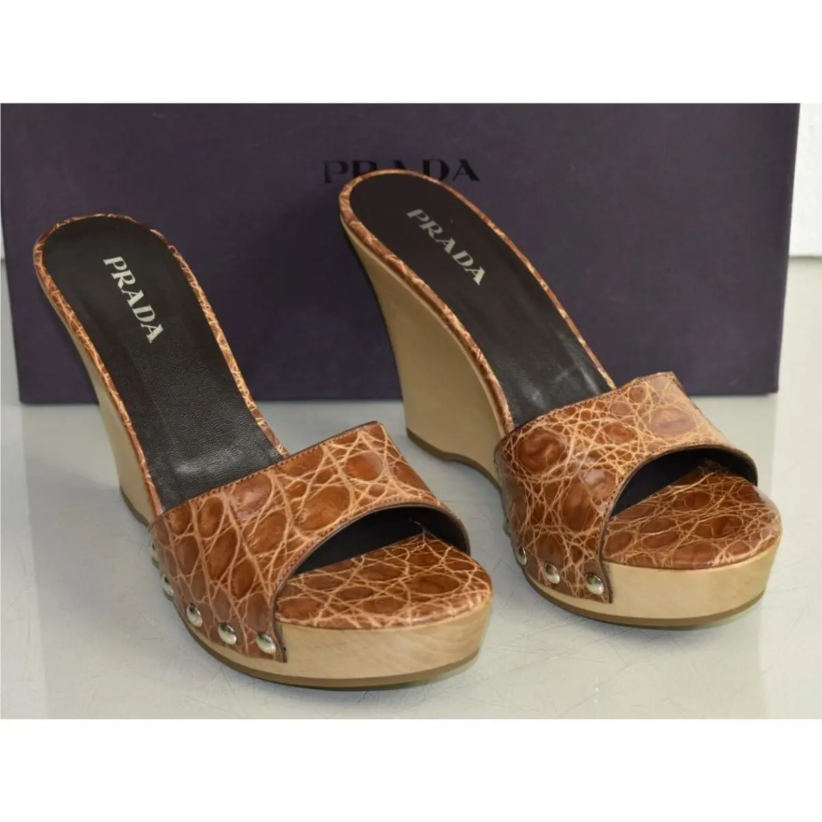 Prada Slides Alligator Crocodile Sandal Cognac Brown Wedge Platform Shoes 38