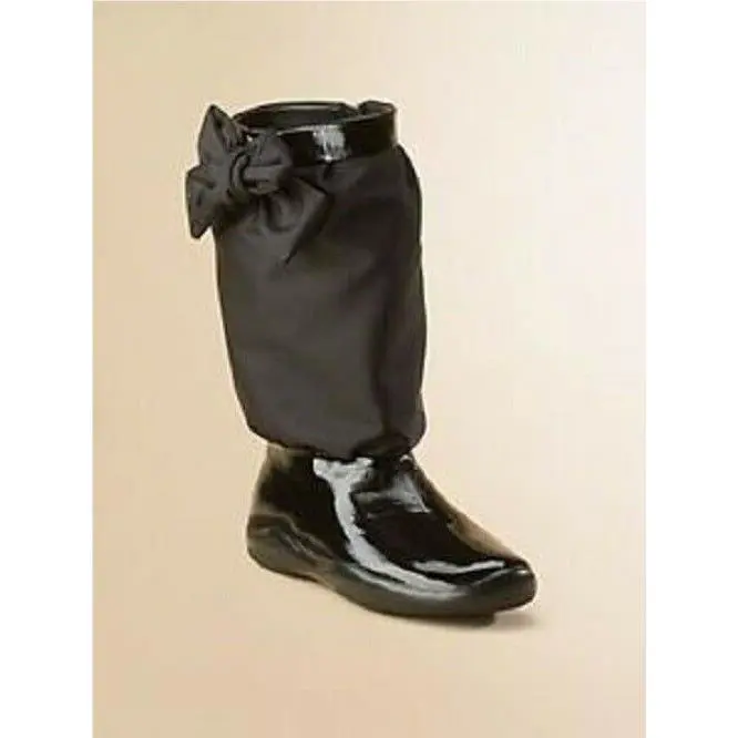 Box Prada Girls Kids Black Bow Tech Boots Patent Leather Logo Zip Shoes 28