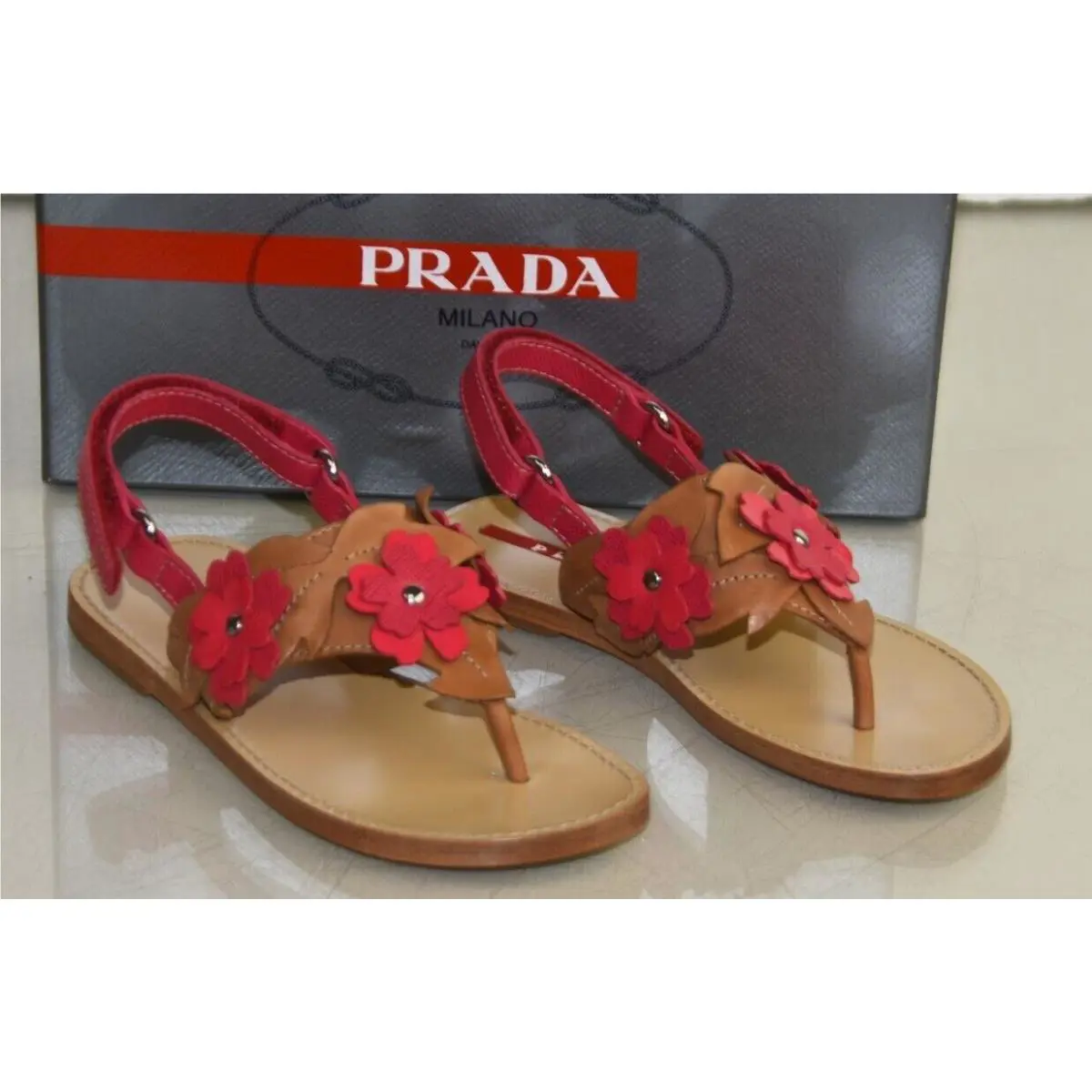 Prada Girls Sandals Saffiano Leather Peonia Flower Pink Beige Flat Shoes 28