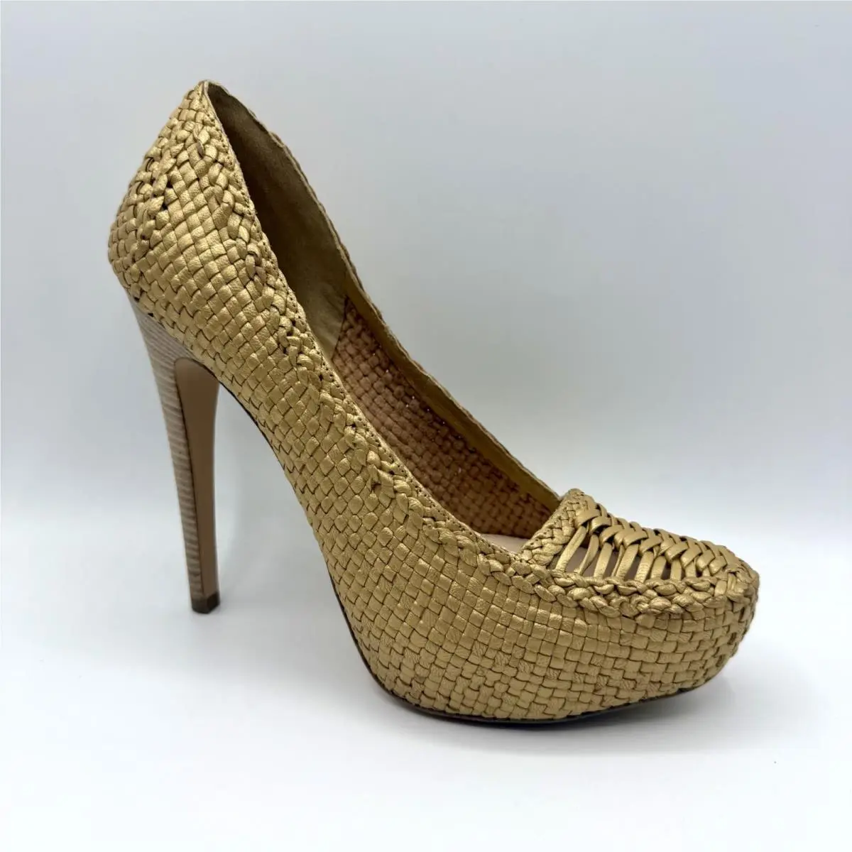 Prada Women`s Gold Metallic Leather Woven Platform Pump Heel 1IP063 Cuoio 39.5