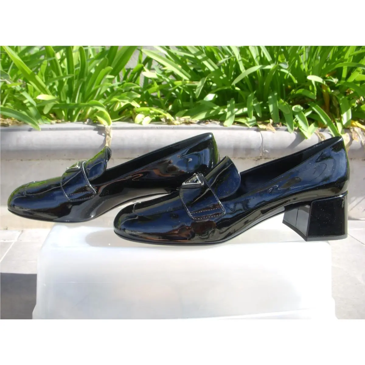 Prada Vernice Block Heel Loafer Black Patent Leather W/logo Italy Wmn`s Pick Sz
