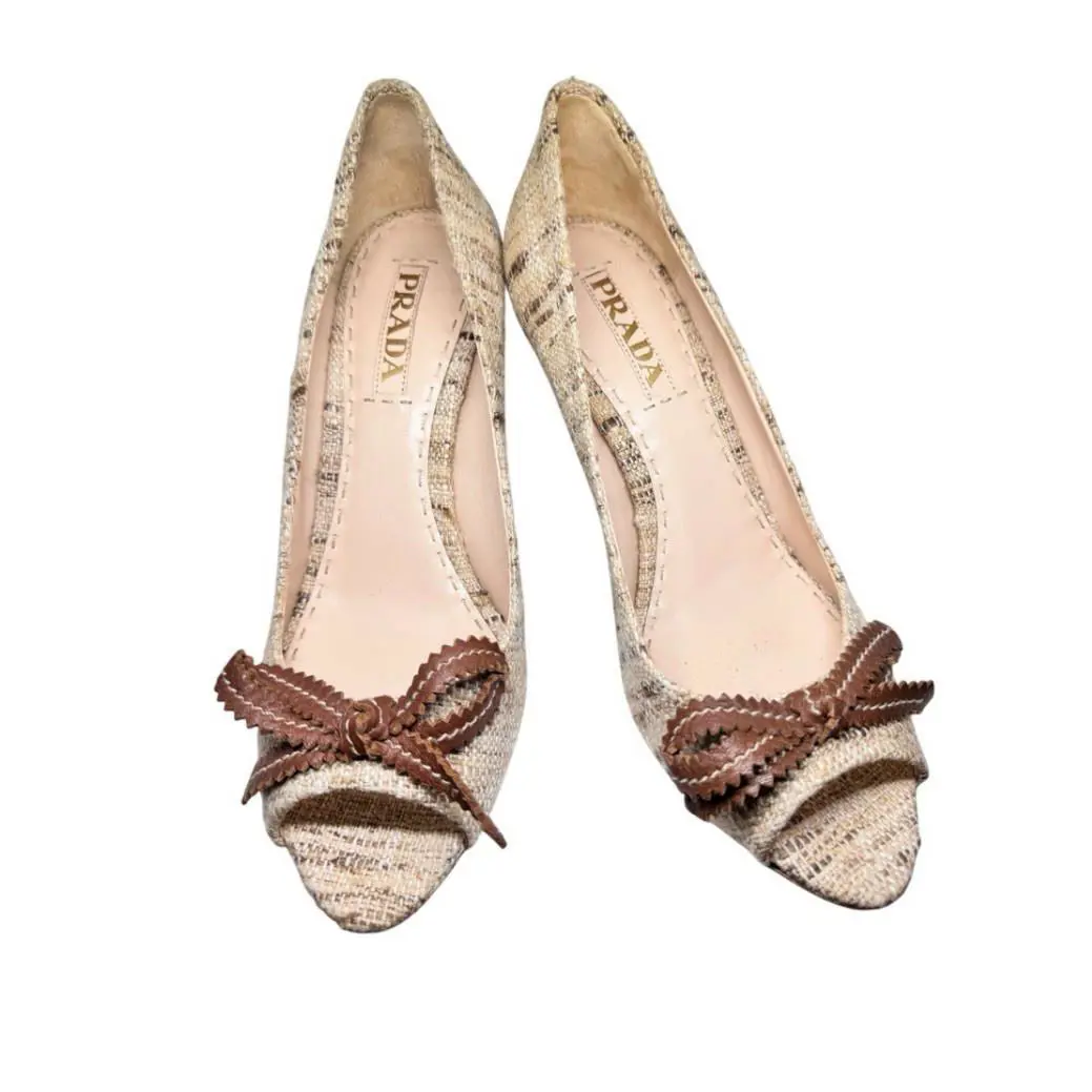 Prada Tweed Beige Brown Cork Wedge Peep Toe Shoes with Leather Bow 39