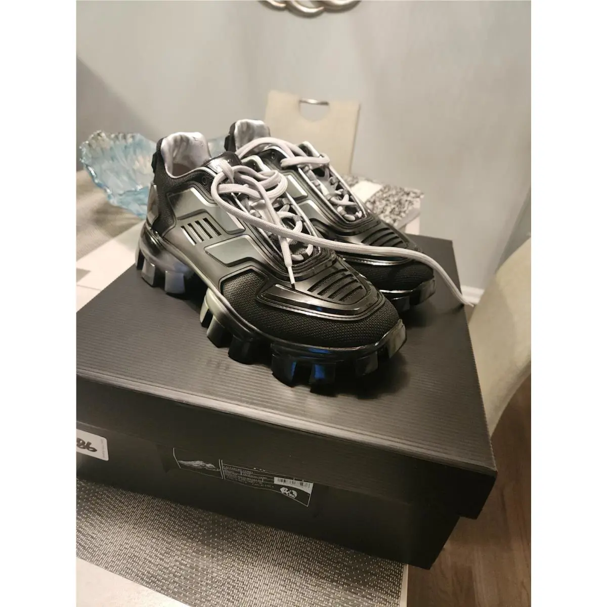 Prada Calzature Uomo Milano Black/silver Sneakers Size 8 Argento Nero WEG293