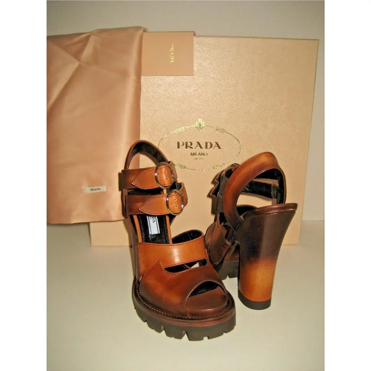 Prada Women US 5 EU 35 Brown Leather Ankle Strap High Heel Sandals Shoes Box