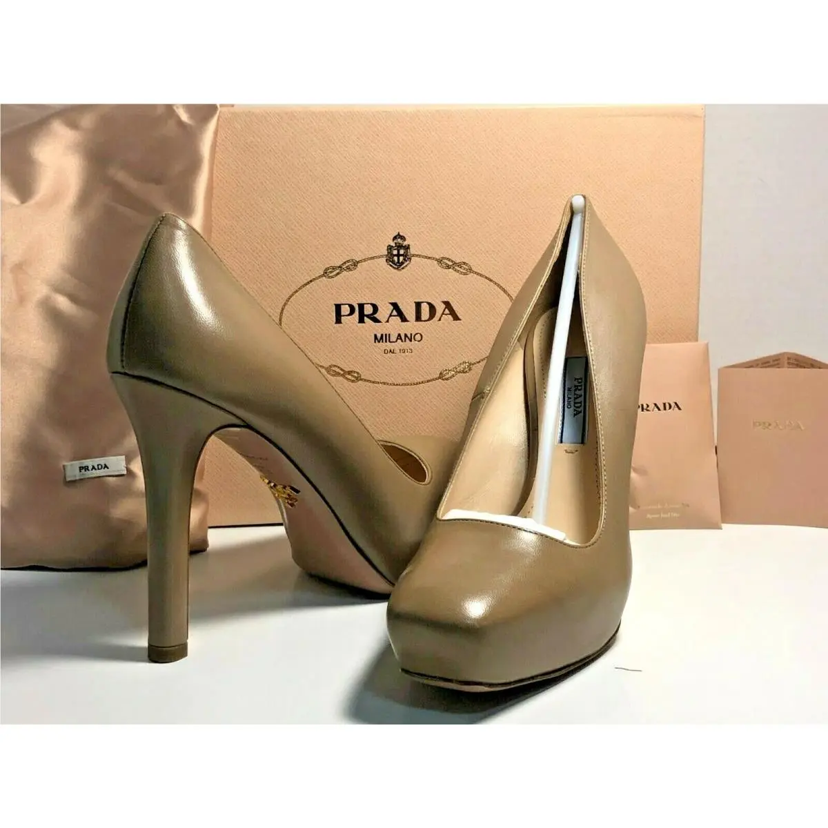 Prada Women US 7 EU 37.5 Tan Leather Platform Pumps High Heel Shoes Box