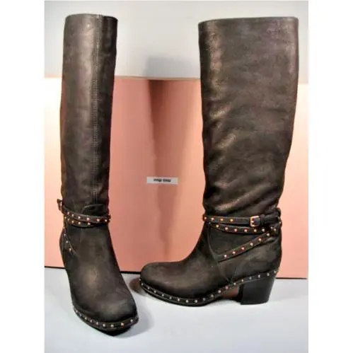 Prada Black Leather Gold Studded Buckle Knee High Motorcycle Boots 35.5/5.5
