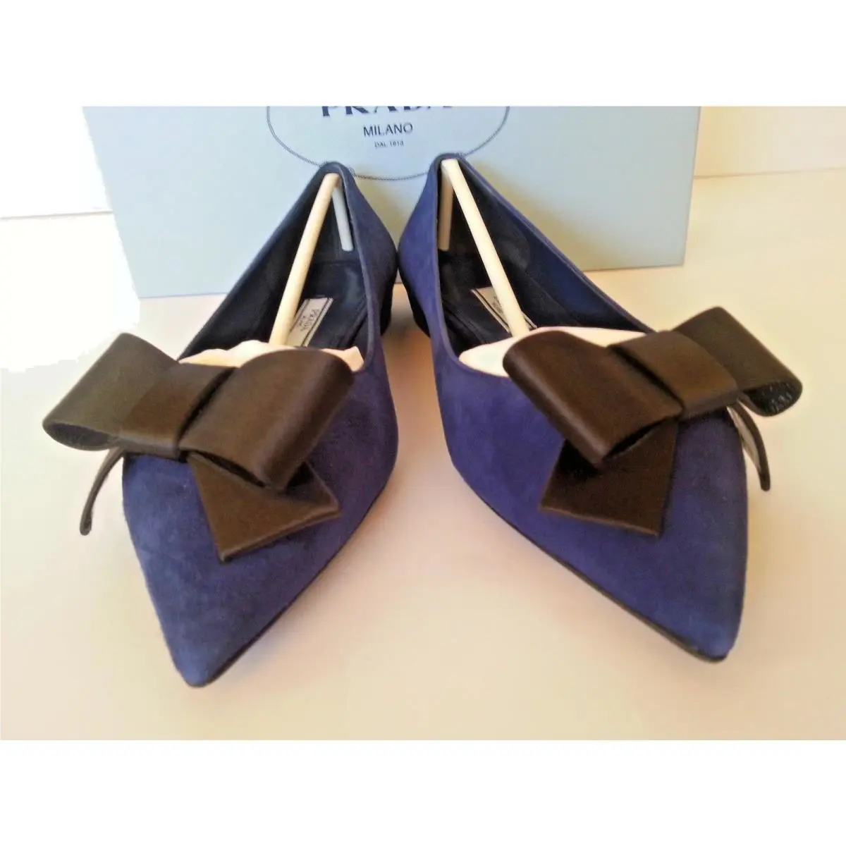 Prada Pointy Bow Flat Ballet Pump Navy Suede /black Bow 36.5 / 6.5 US
