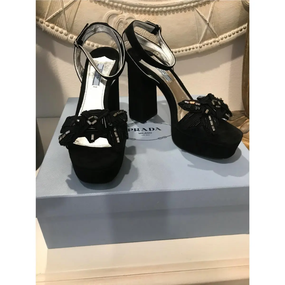 Prada Black Suede Platform Shoes with Bead/raw Edge Detail 000 Size 39.5