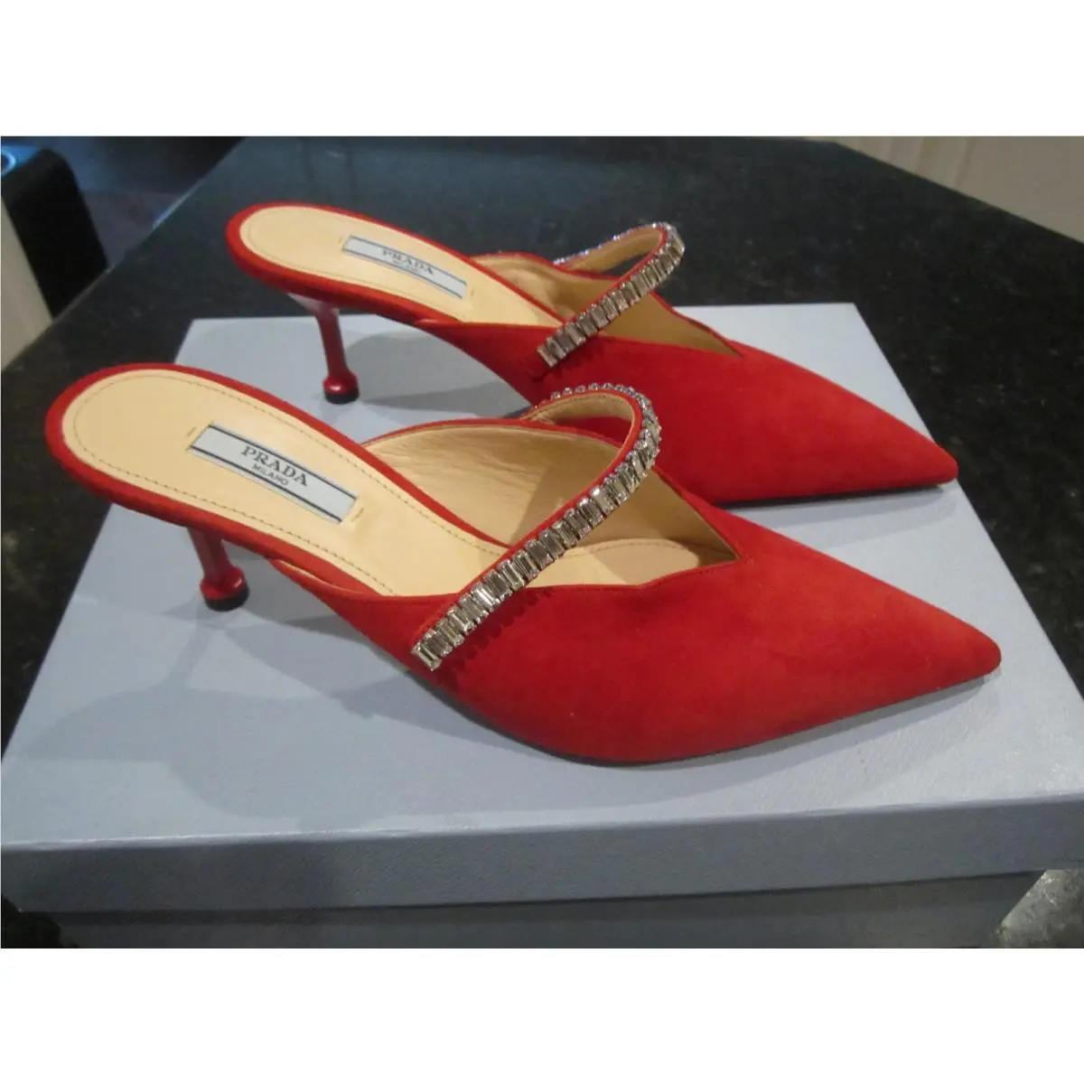 Prada Red Suede Kitten Heel Mule Shoes Size 8 1/2 B - 2 Heel