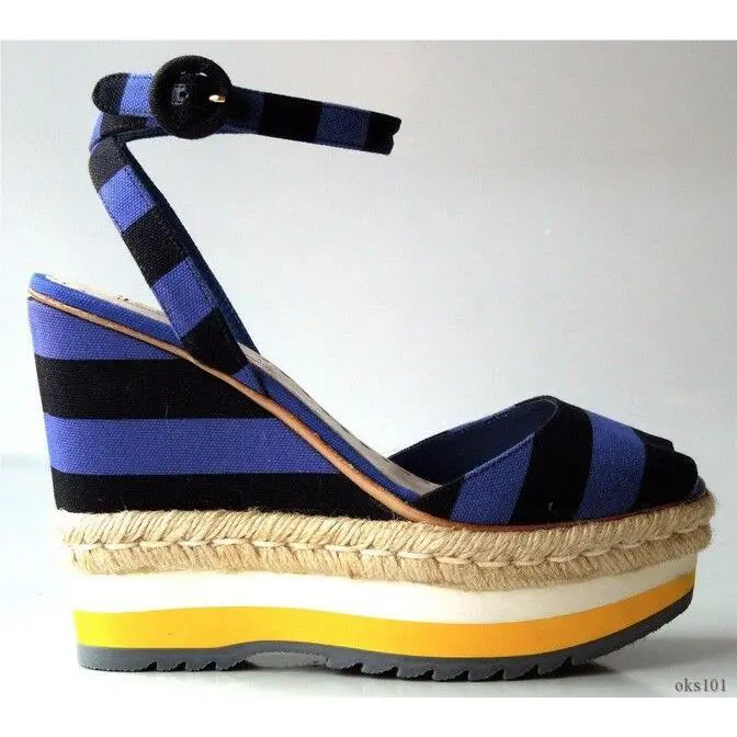 Prada Cobalt Blue Black 40.5 US 10.5 Ankle Strap Striped Wedges Shoes