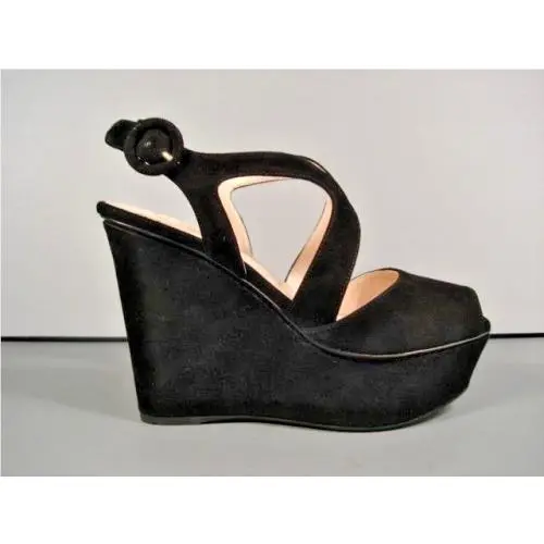Prada 35/5 Black Suede Wedge Platform Strappy Sandals Shoes Rubber Sole
