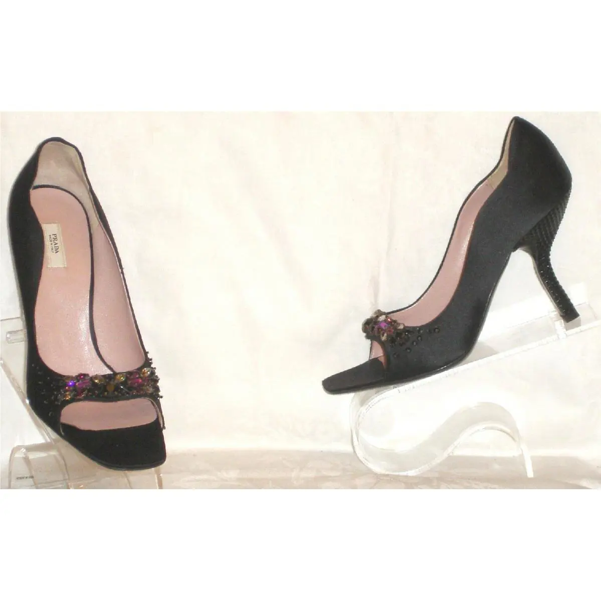Prada Blk Satin Shoes with Stones/curved Heel 36.5
