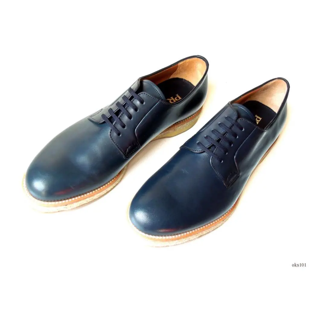 Prada Men`s Navy Blue Leather UK 9 US 10 Espadrille Derby Oxfords Shoes