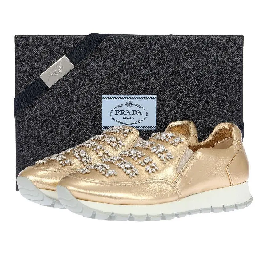 Prada Luxury Swarovski Crystals Gold Leather Sneakers Casual Shoes 39.5/9.5 - Gold