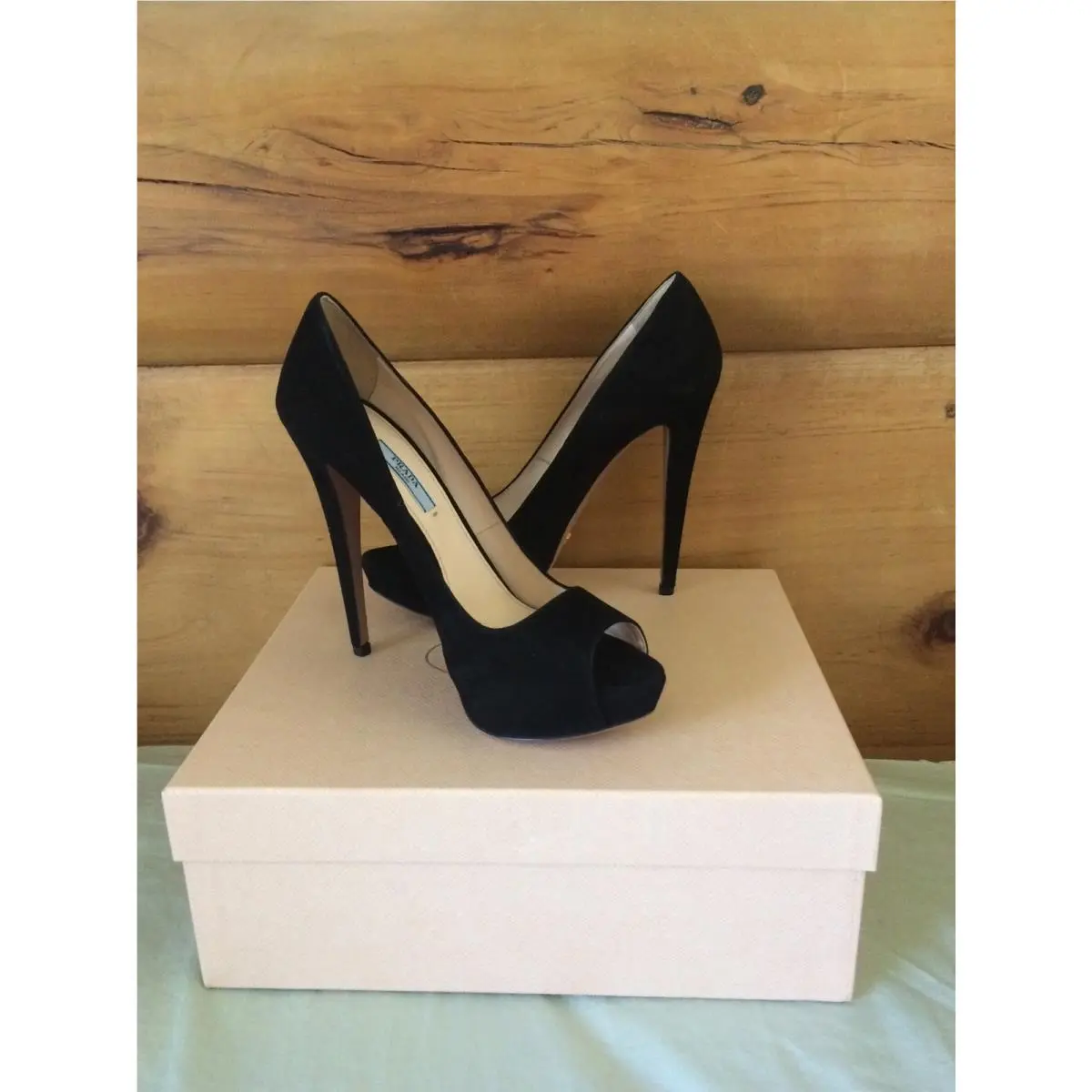 Prada Black Suede Peep Toe Platform 3 Inch Size 39 8 1/2 Retails