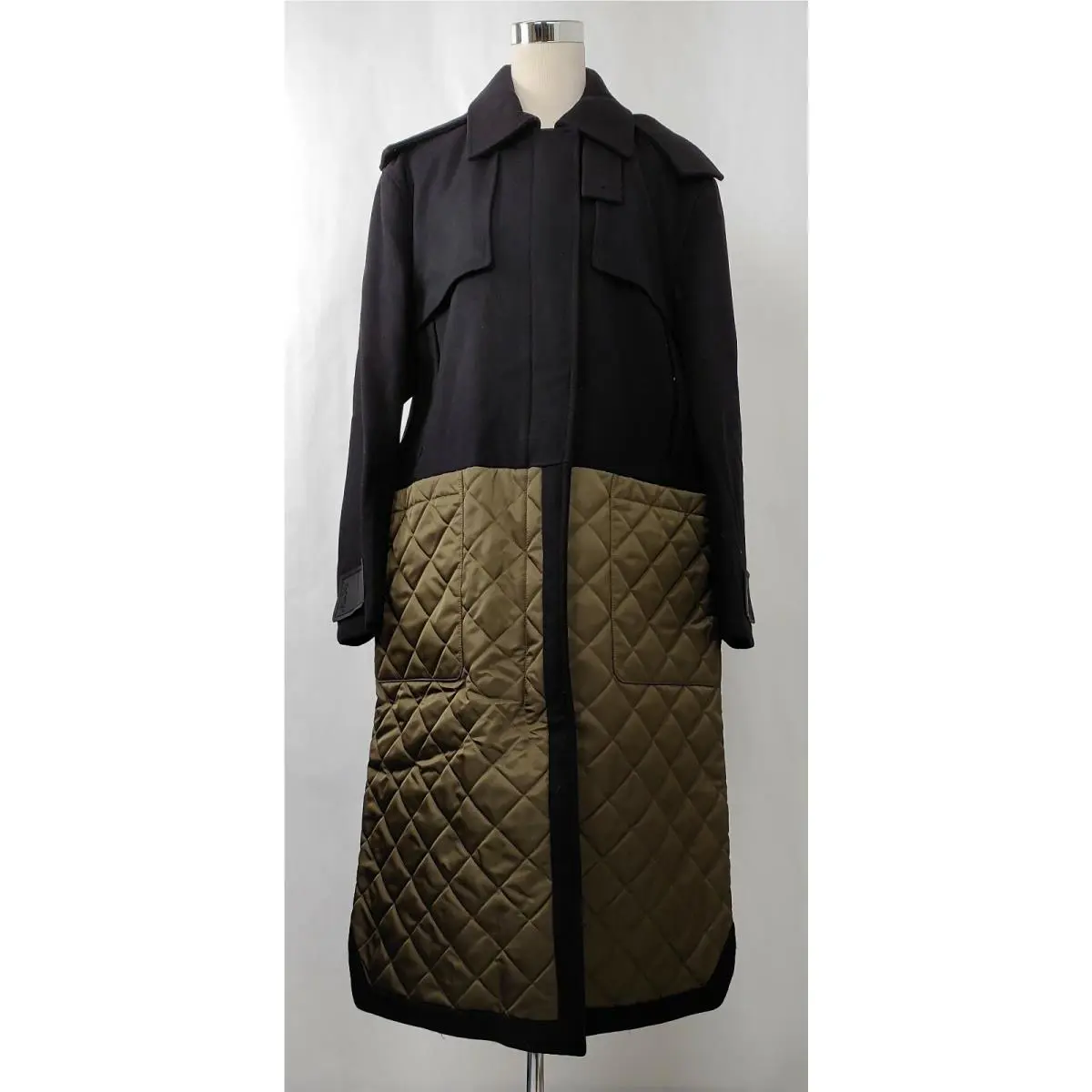 Mcm Women`s Black Wool Olive Quilted Long Coat W/hood sz 38 MFC9ARA47BK038