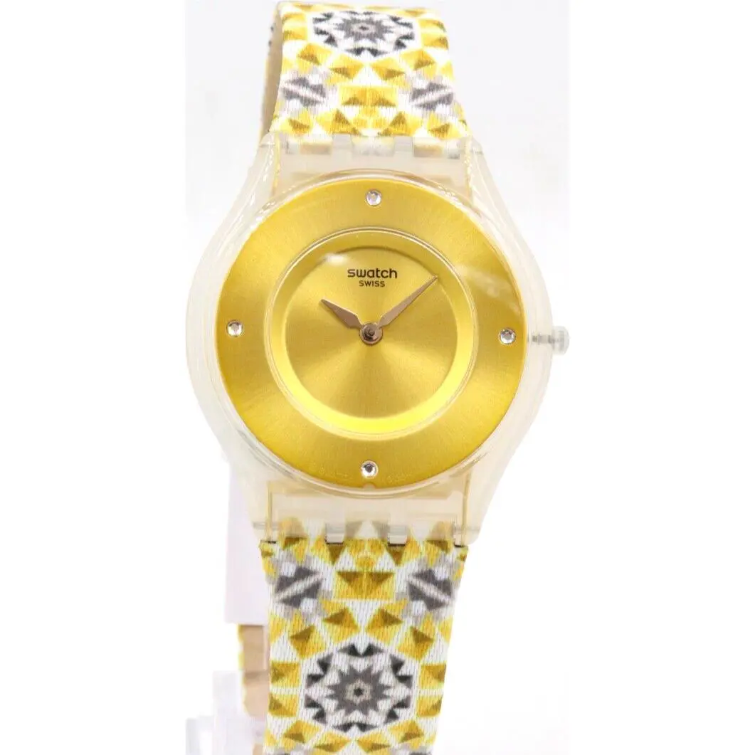 Swiss Swatch Skin Seminato Gold Tone Leather Women Watch 34mm SFW107