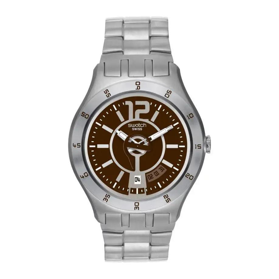 Men Irony In A Brown Mode Steel Dress Watch Date 44mm YTS406G by Swatch