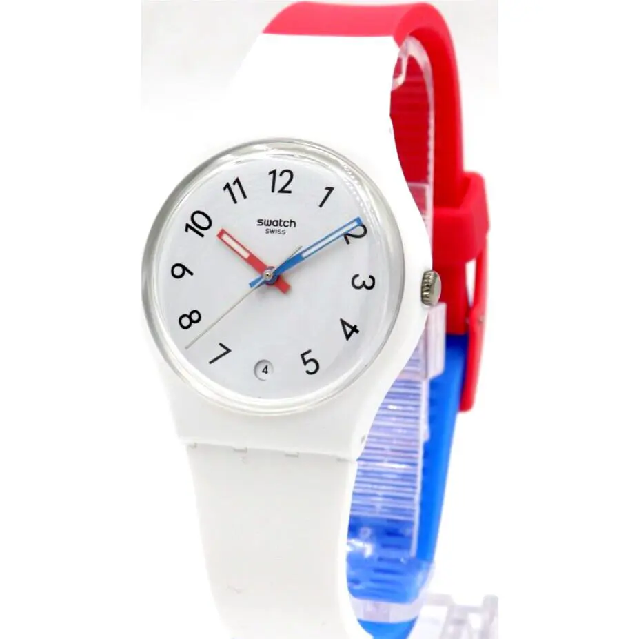 Swiss Swatch Gent IN The Block Tri-color Silicone Date Watch 34mm SO28W400