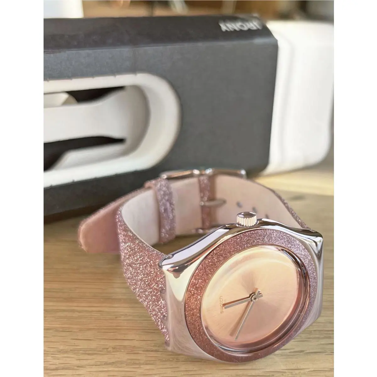 Swatch Irony YLS220 Rose Sparkle Stainless Steel Case Swiss Quartz 33mm Watch