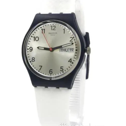 Swiss Swatch White Delight Day Date White Silicone Band Watch 35mm GN720