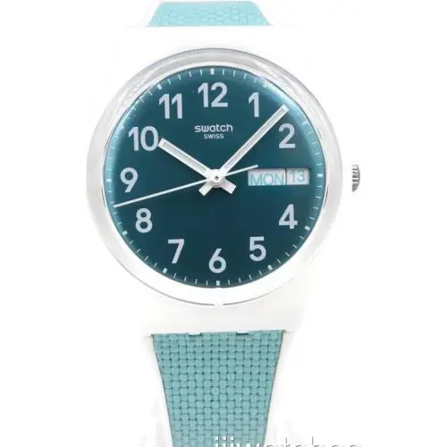 Swiss Swatch Pool Light Turquoise Silicone Day Date Watch 34mm GW714