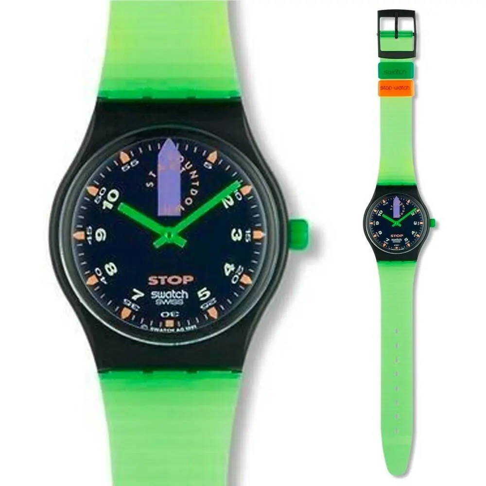 Mint 1992 Swatch Stop-watch Jess` Rush SSB100 Collectors Watch Retro - Dial: Black, Band: Green, Bezel: Black