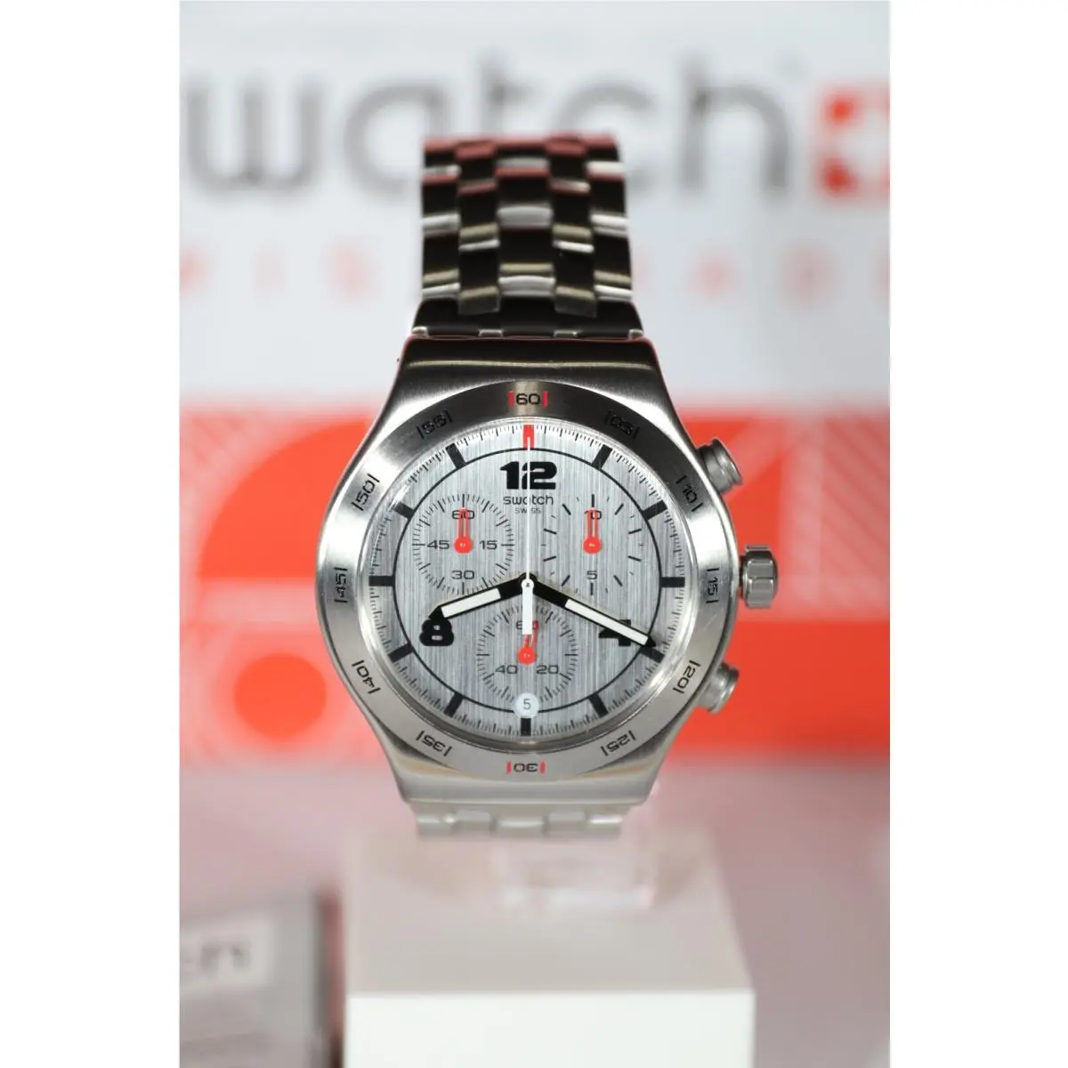 Swiss Swatch Irony Silver Again Chronograph Date Steel Watch 44mm YVS447G