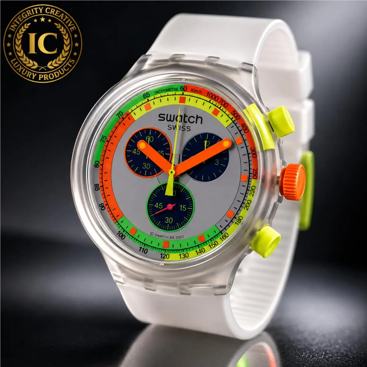 Swatch Big Bold Neon Jelly Unisex Quartz White Dial Clear Transparent Watch - Dial: Silver, Band: Transparent, Bezel: Transparent