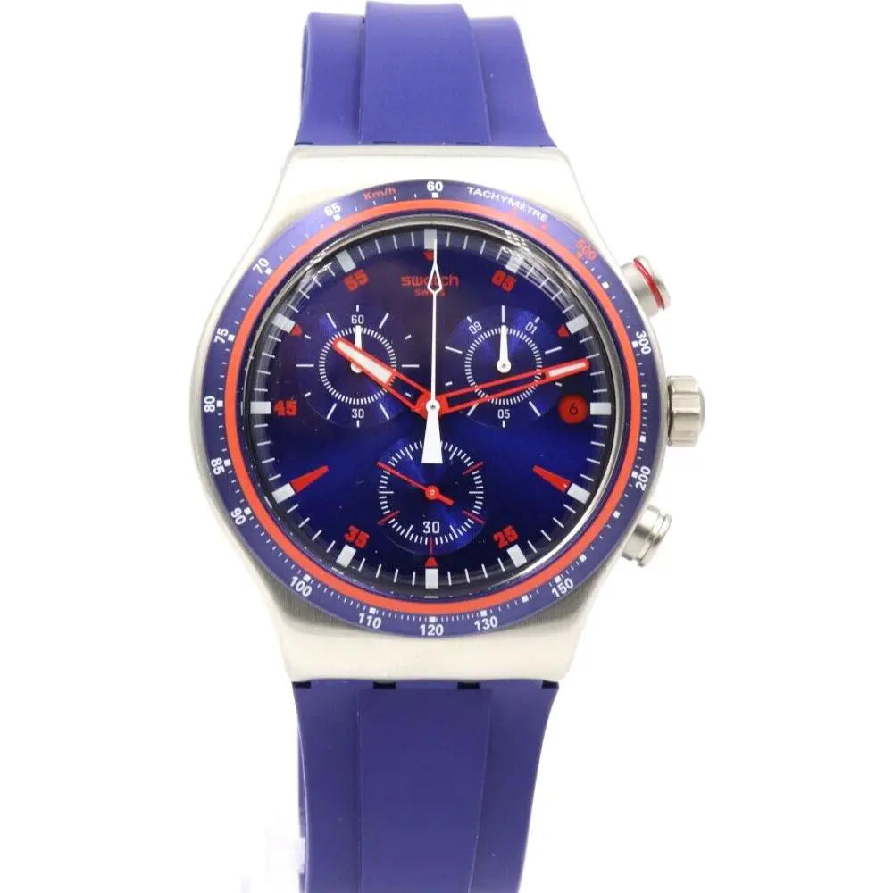 Swiss Swatch Irony Hookup Chrono Blue Silicone Date Watch 43mm YVS417
