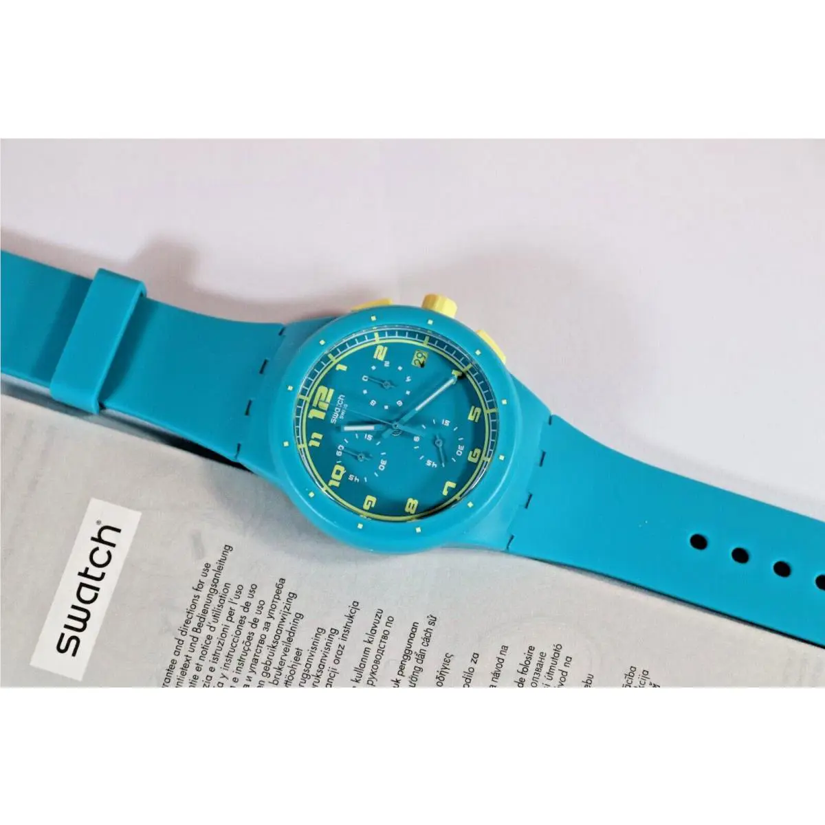 Swiss Swatch Chrono Acid Drop Blue Date Dial Sport Men`s Silicone Watch SUSL400