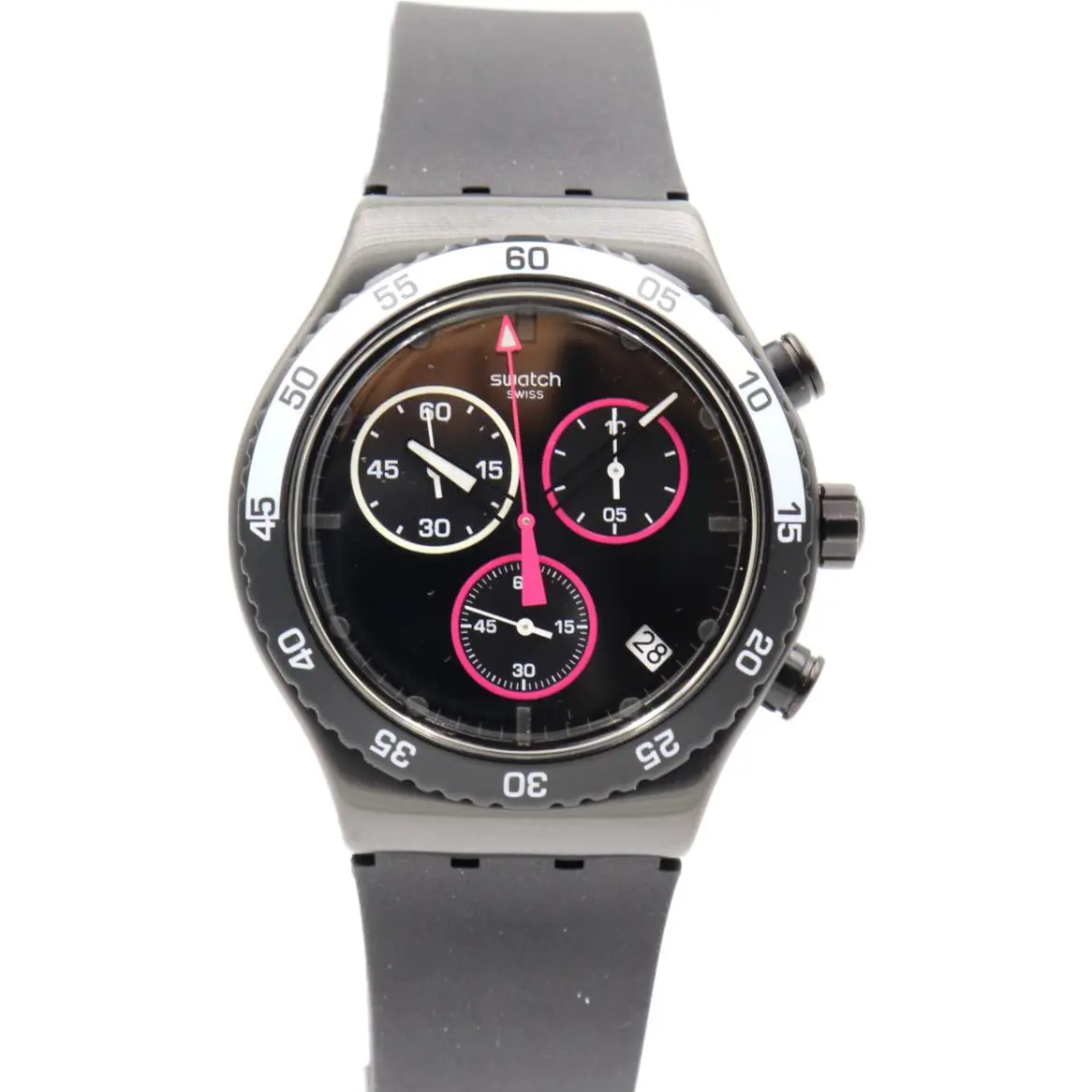 Swiss Swatch Irony Magenta AT Night Chronograph Watch 43mm YVB413