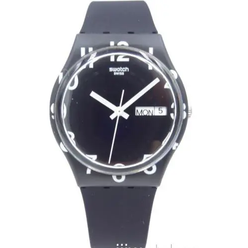 Swiss Swatch Over Black Silicone Black Dial Date Watch 34mm GB757