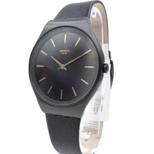 Swatch Skin Notte Black Leather Gun Steel Watch 38mm SYXB101