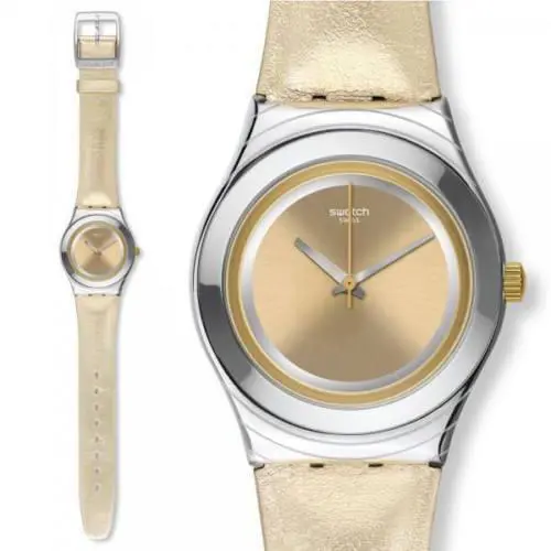 Swatch YLS190 Women`s Irony Gold Leather Band Gold Dial Analog Watch