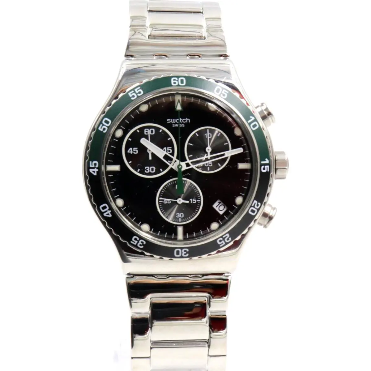 Swiss Swatch Dark Green Irony Chronograph Steel Date Watch 44mm YVS506G