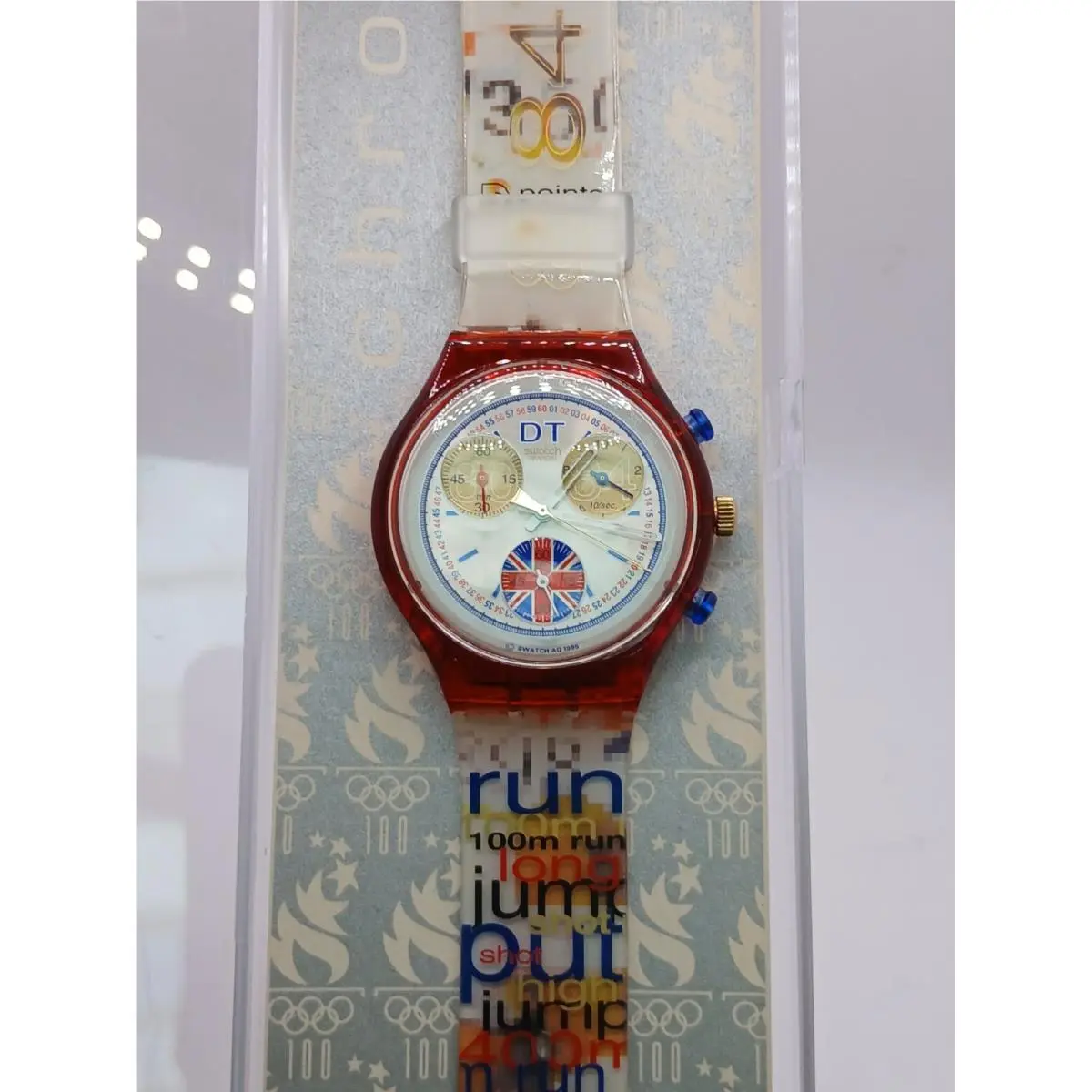 Swatch Watch Chronograph Daley Thompson SCZ105 Olympic UK 1996 Nos - Dial: Multicolor, Band: Multicolor, Bezel: Red