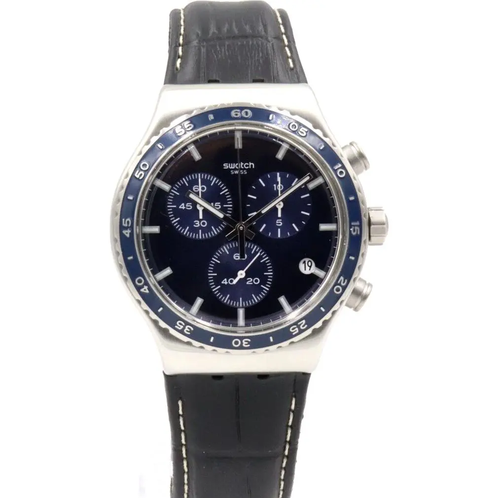 Swatch New Irony Swiss Swatch Irony Chrono Cobalt Lagoon Leather Date Watch 44mm YVS496