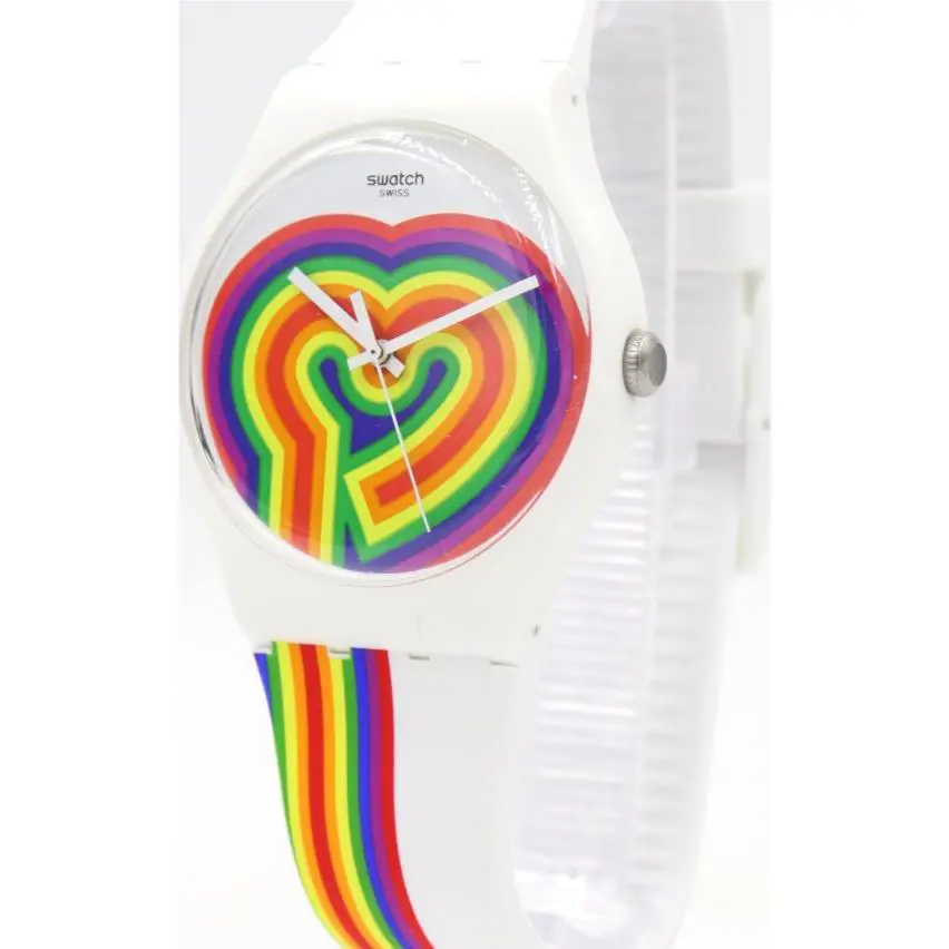 Swiss Swatch Originals Beating Love White Rainbow Heart Watch 41mm SUOW171