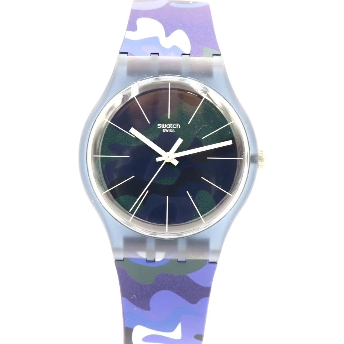 Swiss Swatch Originals Camouclouds Navy Blue Watch 40mm SUON140 - Dial: Green, Blue camouflage, Band: Green, Blue camouflage, Bezel: Green, Semi-transparent blue