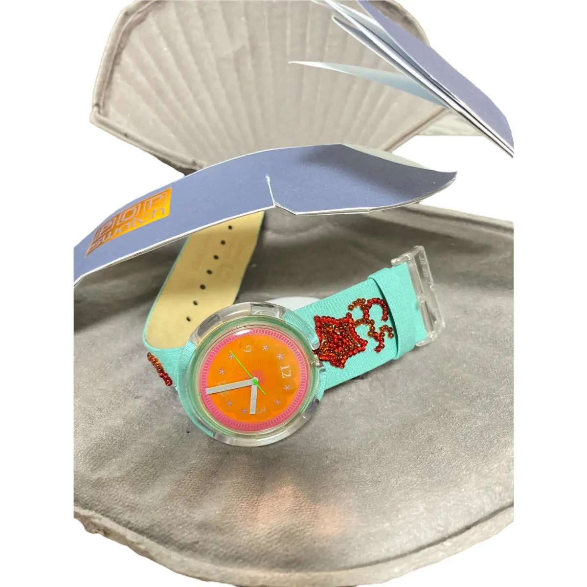 Vintage 1993 Pop Swatch PWZ106 Soupe De Poisson Leather Strap Wristwatch