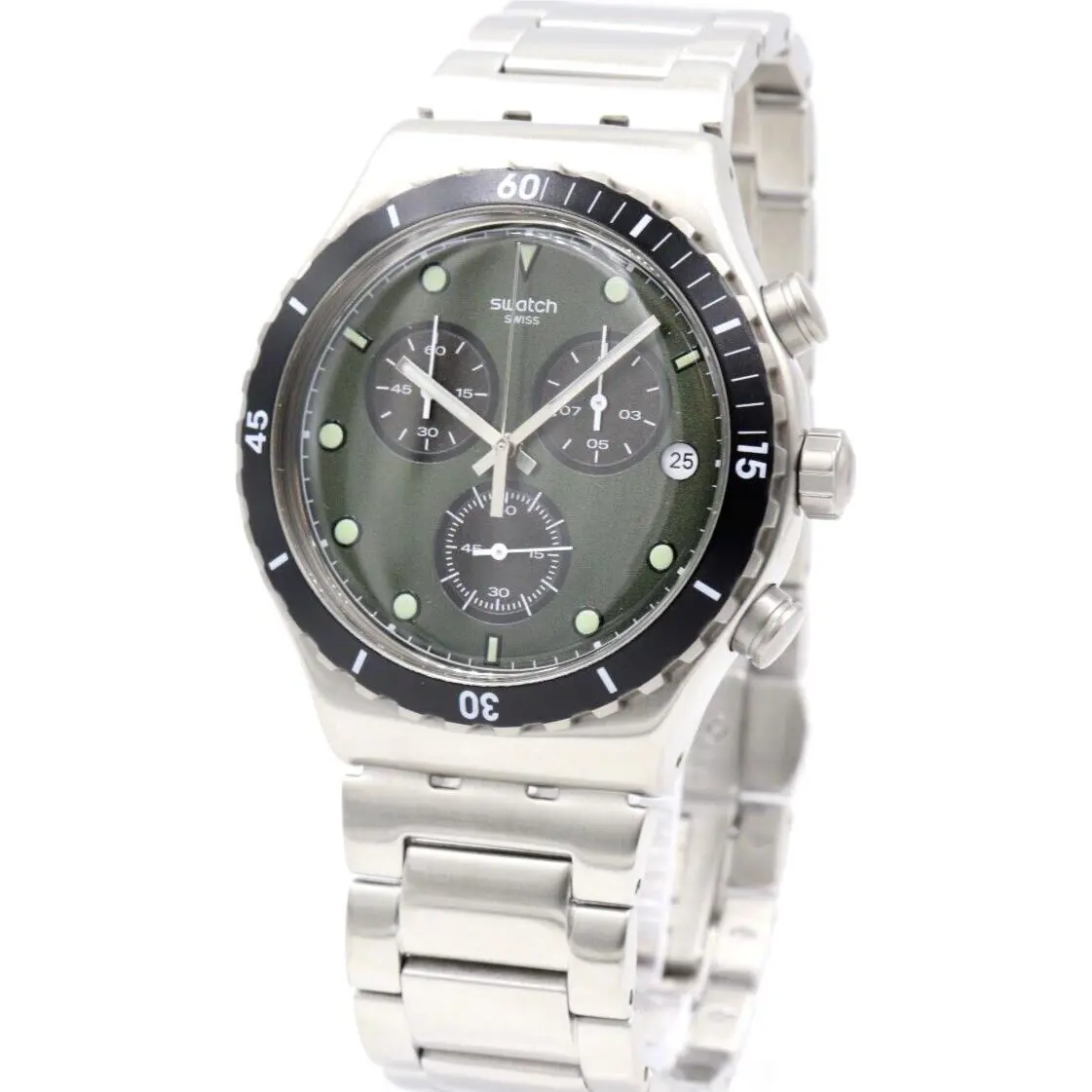 Swiss Swatch Irony Back IN Khaki Green Chrono Date Watch 45mm YVS488G - Dial: Green, Band: Silver, Bezel: Silver
