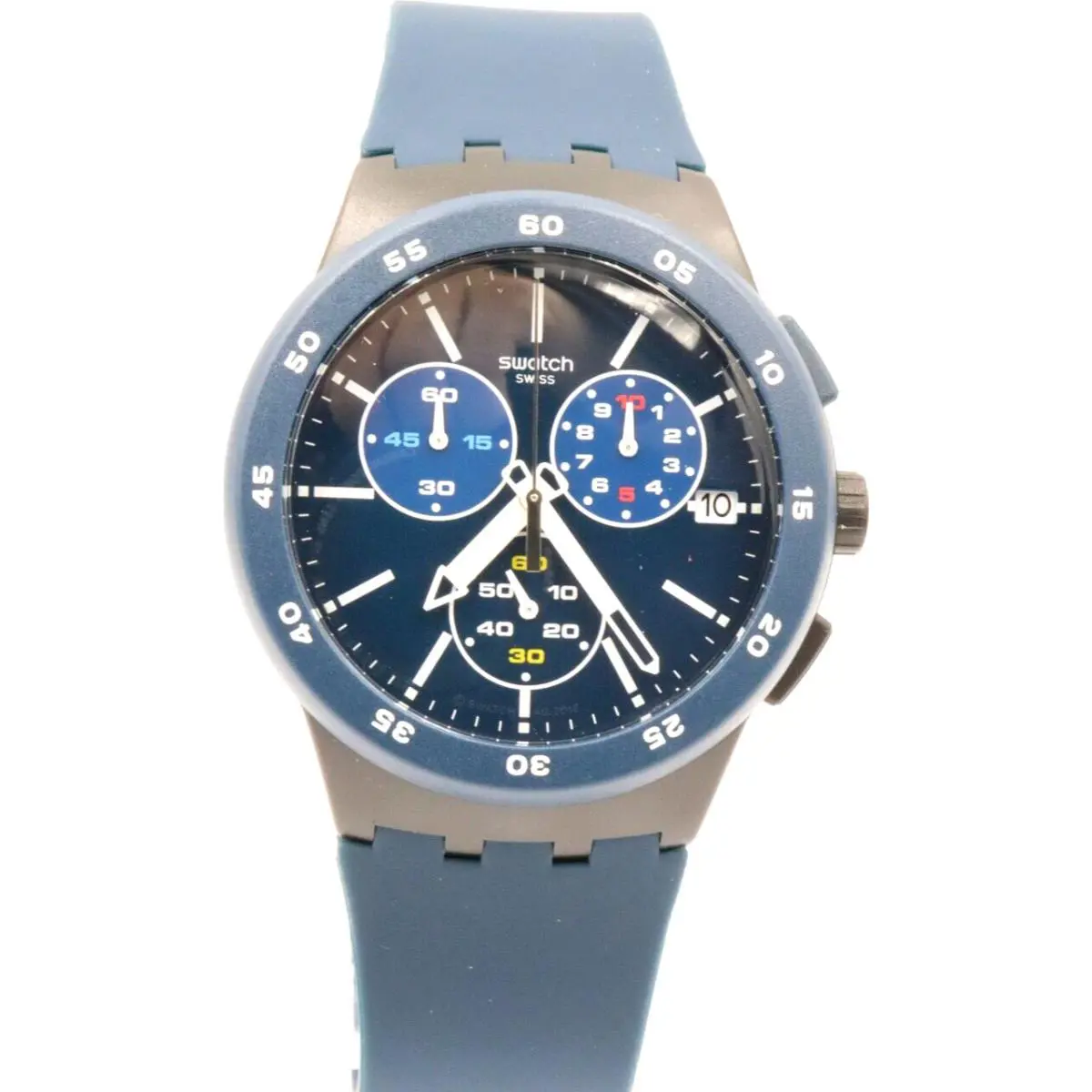 Swiss Swatch Blue Steward Silicone Chronograph Watch 40mm SUSB417 - Dial: Navy blue, Band: Navy blue, Bezel: Navy blue