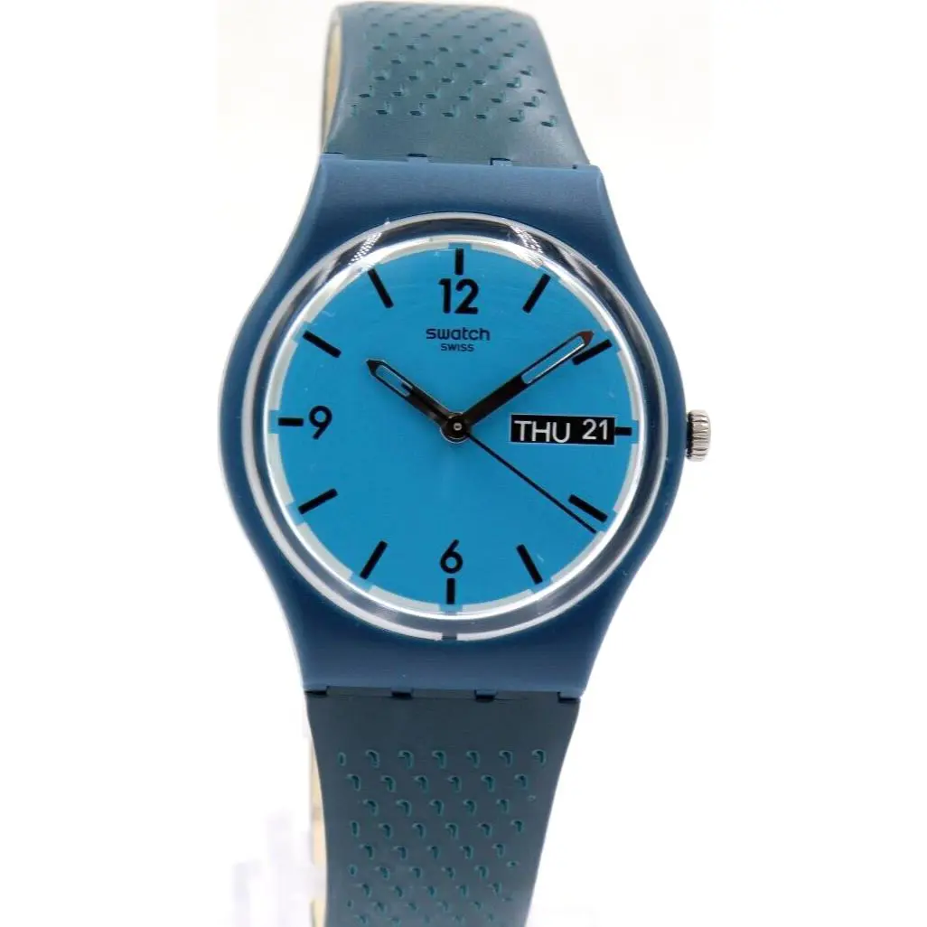 Swiss Swatch Blue Bottle Blue Silicone Band Day Date Watch 34mm GN719